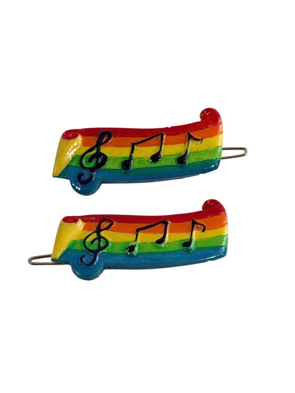 Vintage Rainbow Music Note Hair Clips Set 2 Vibrant Multicolor Design Plastic 2"